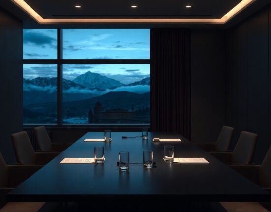 Empty negotiation table in a Swiss conference room after Iran suspended talks with the US