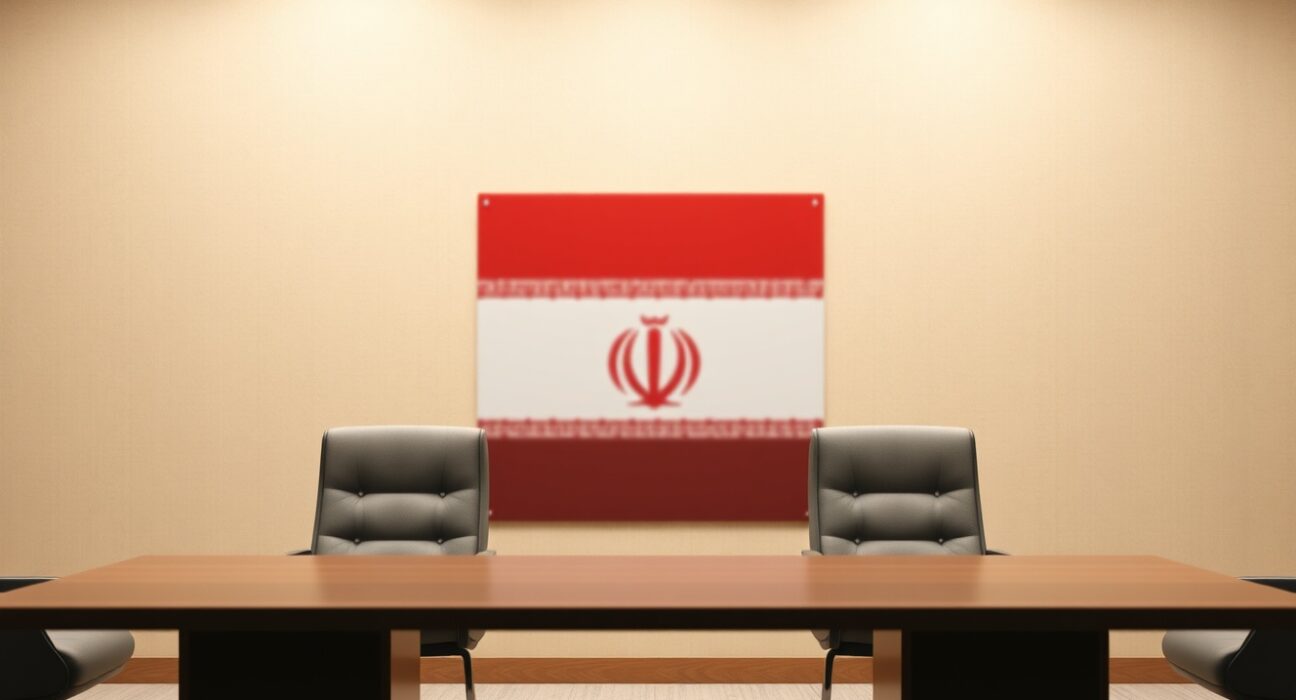 Empty diplomatic meeting room with Iranian flag in background symbolizing suspended nuclear talks