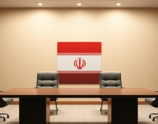 Empty diplomatic meeting room with Iranian flag in background symbolizing suspended nuclear talks