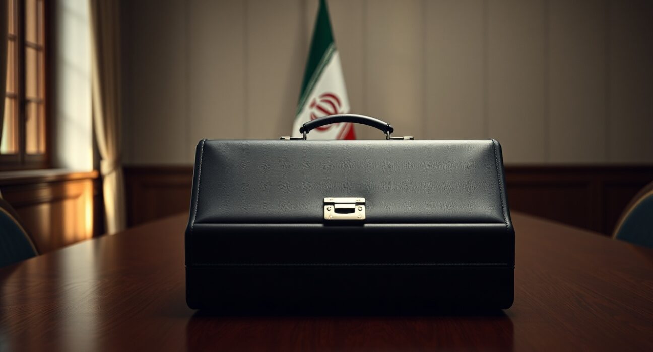 Closed diplomatic briefcase in a dimly lit meeting room with an Iranian flag in the background