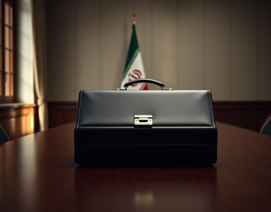 Closed diplomatic briefcase in a dimly lit meeting room with an Iranian flag in the background