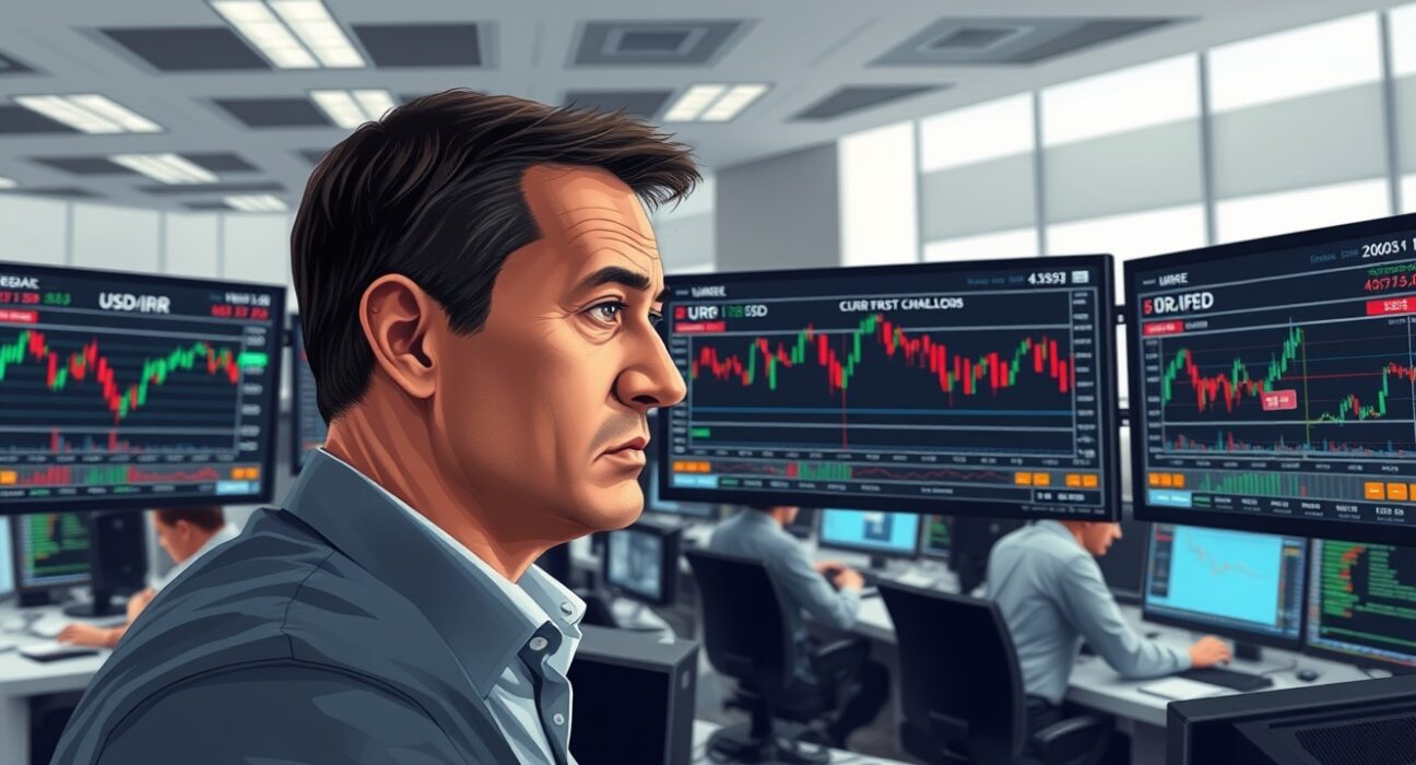 Trader analyzes currency and oil price charts as markets focus on Iran nuclear talks.
