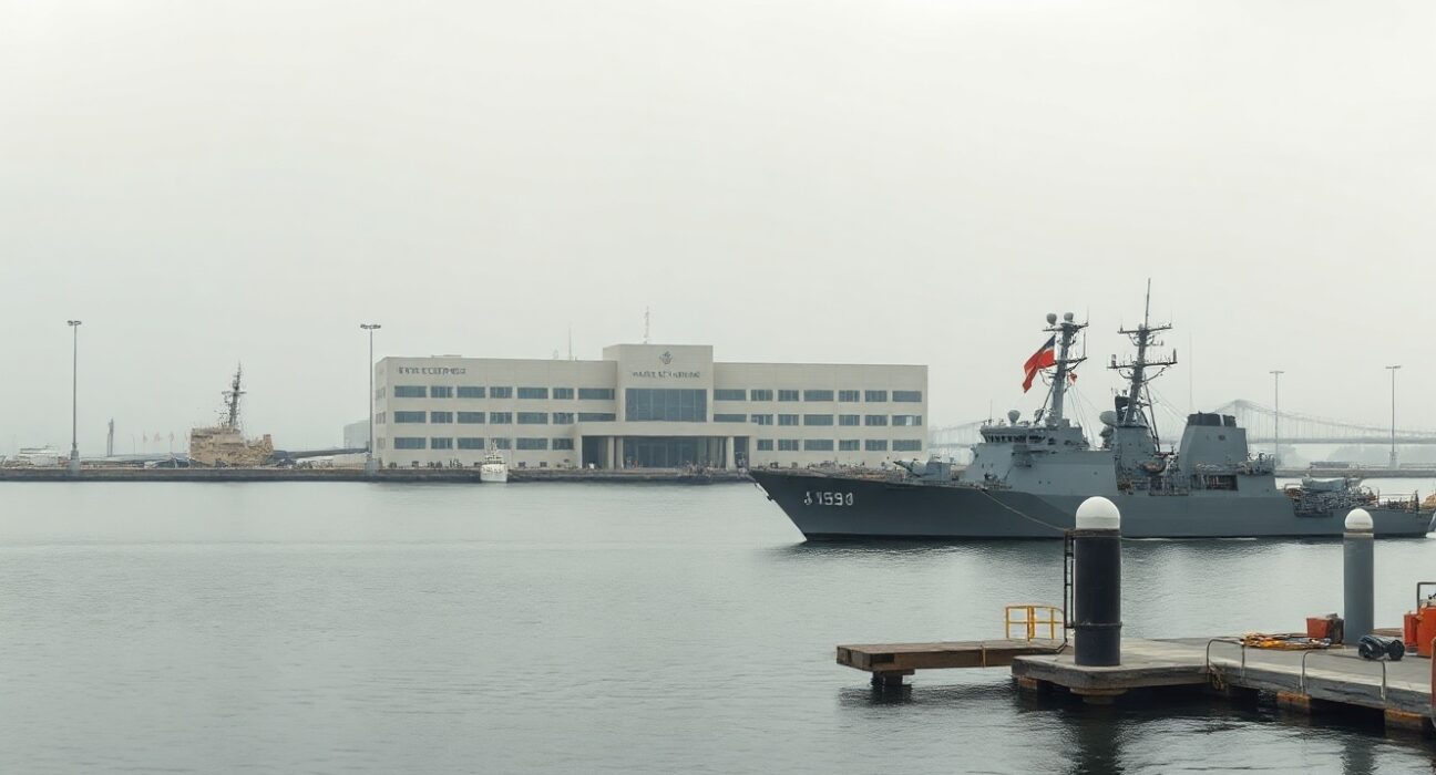 US Naval Support Activity Bahrain base with Fifth Fleet headquarters in overcast weather