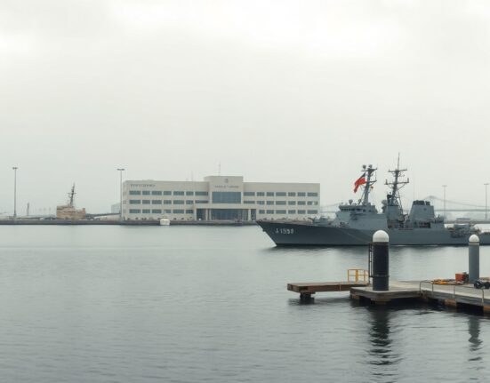 US Naval Support Activity Bahrain base with Fifth Fleet headquarters in overcast weather