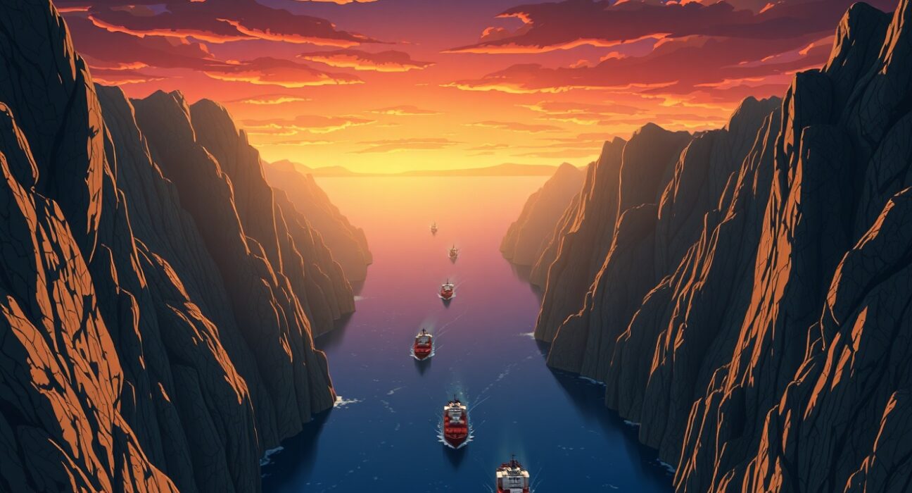 Strategic Strait of Hormuz waterway under threat from Iran's IRGC, impacting global oil shipping lanes.