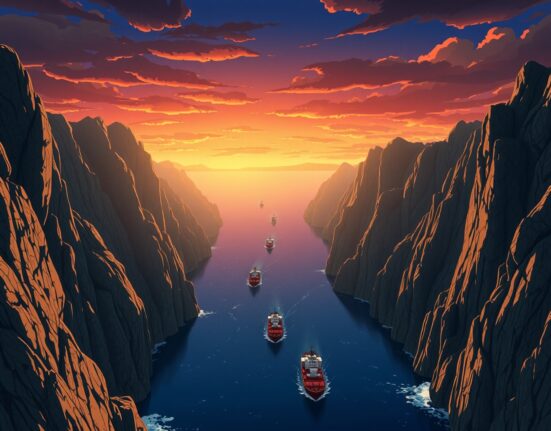 Strategic Strait of Hormuz waterway under threat from Iran's IRGC, impacting global oil shipping lanes.