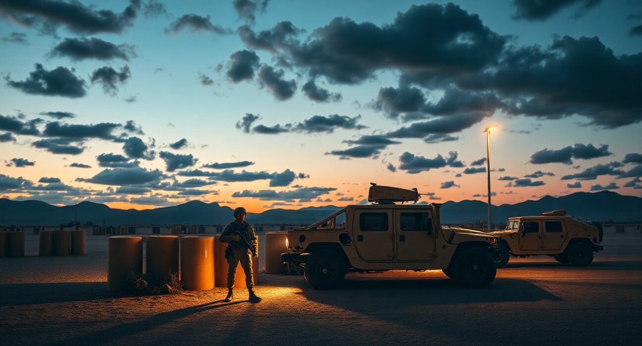 US military personnel patrol a base in the Middle East at dusk amid heightened tensions with Iran.