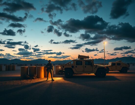 US military personnel patrol a base in the Middle East at dusk amid heightened tensions with Iran.
