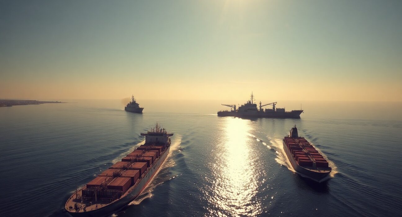 Oil tankers navigate the Strait of Hormuz near Iranian patrol vessel at sunrise
