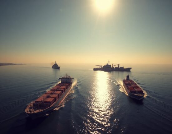 Oil tankers navigate the Strait of Hormuz near Iranian patrol vessel at sunrise