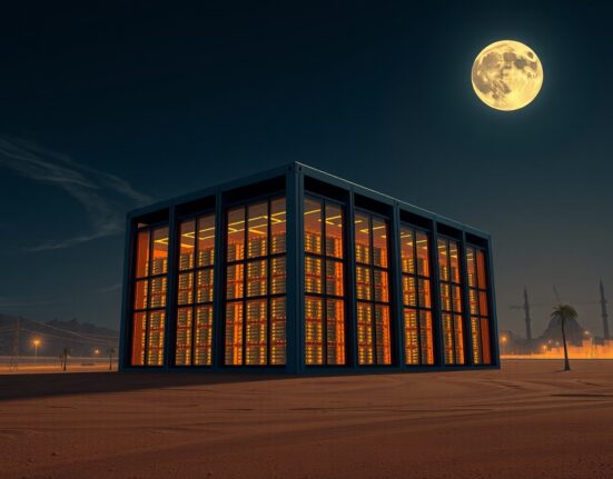 Stargate AI data center complex in Middle East desert setting under threat of geopolitical conflict.