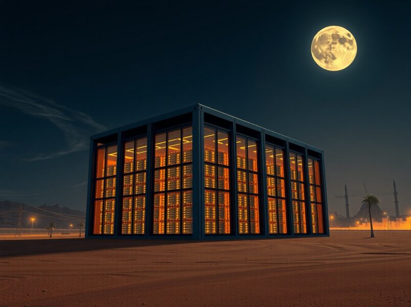 Stargate AI data center complex in Middle East desert setting under threat of geopolitical conflict.