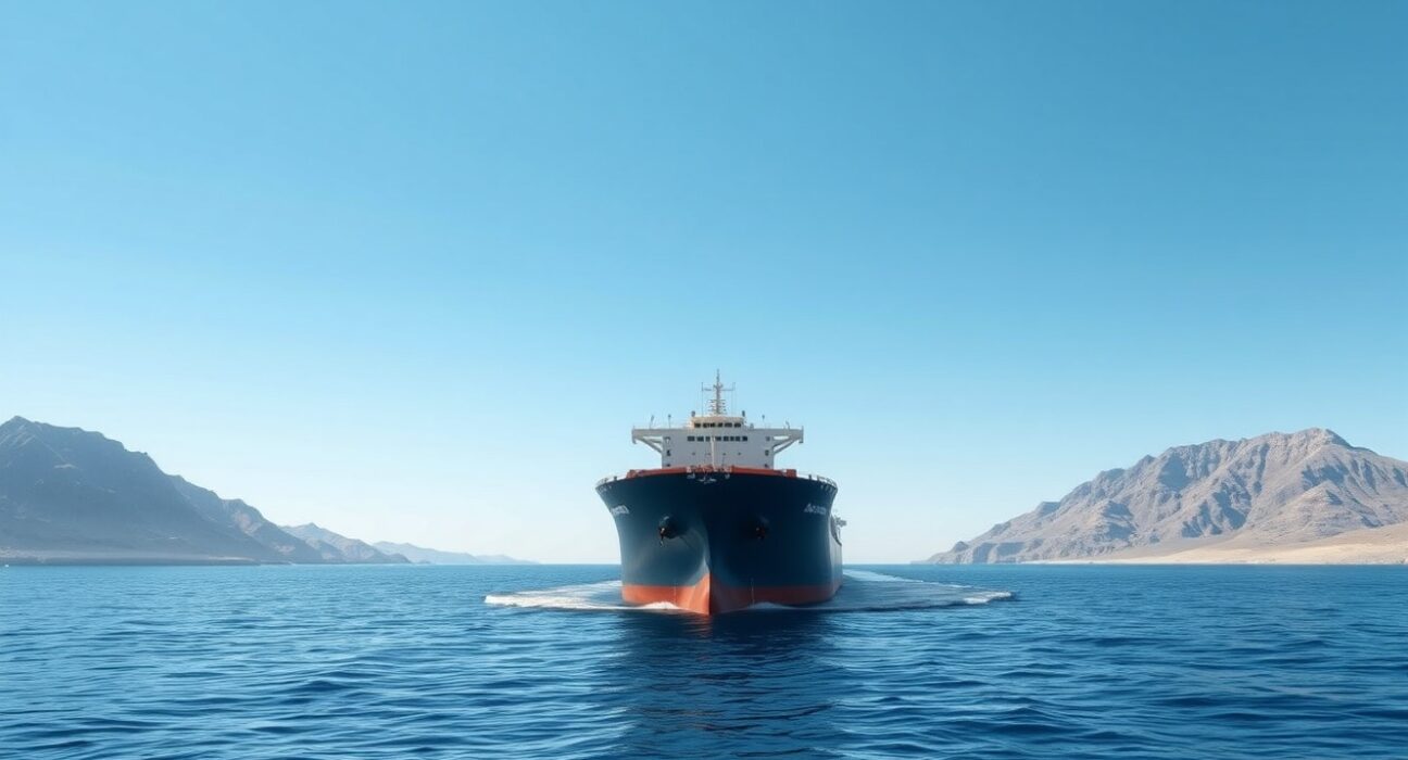 Oil tanker transiting the strategic Strait of Hormuz in the Persian Gulf, central to Iran's proposed shipping tolls.