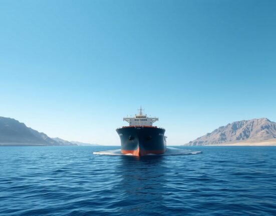 Oil tanker transiting the strategic Strait of Hormuz in the Persian Gulf, central to Iran's proposed shipping tolls.