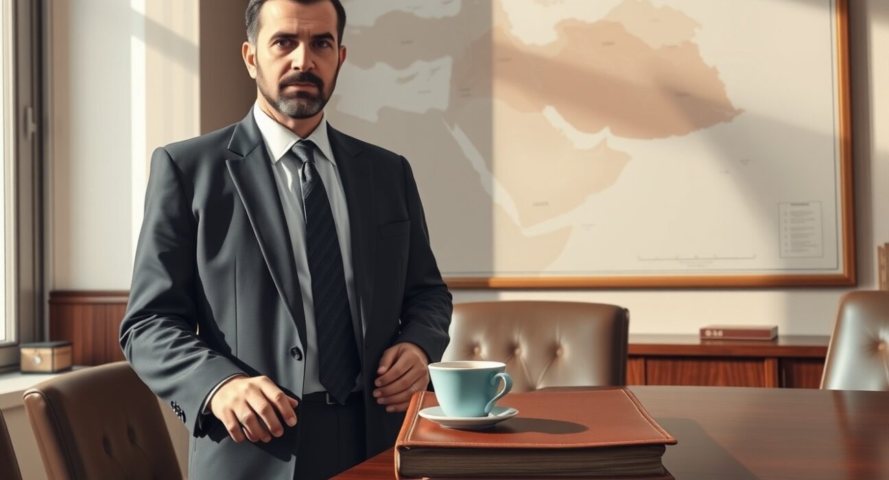 Iranian diplomat analyzes Middle East map, representing complex truce and talk negotiations.