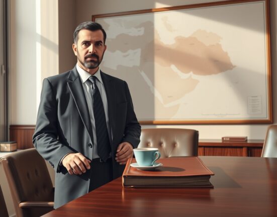 Iranian diplomat analyzes Middle East map, representing complex truce and talk negotiations.