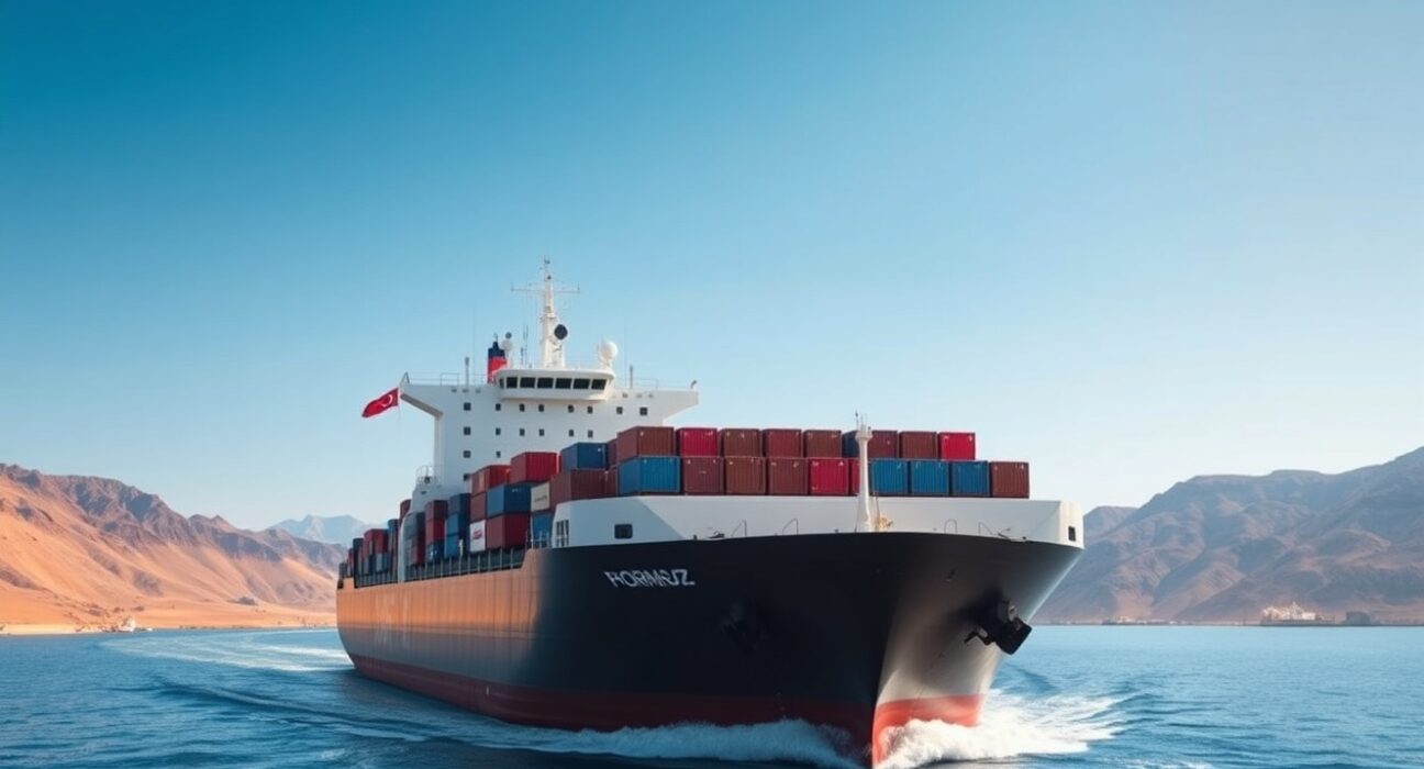 Turkish cargo ship transiting the strategic Strait of Hormuz after Iran granted passage.