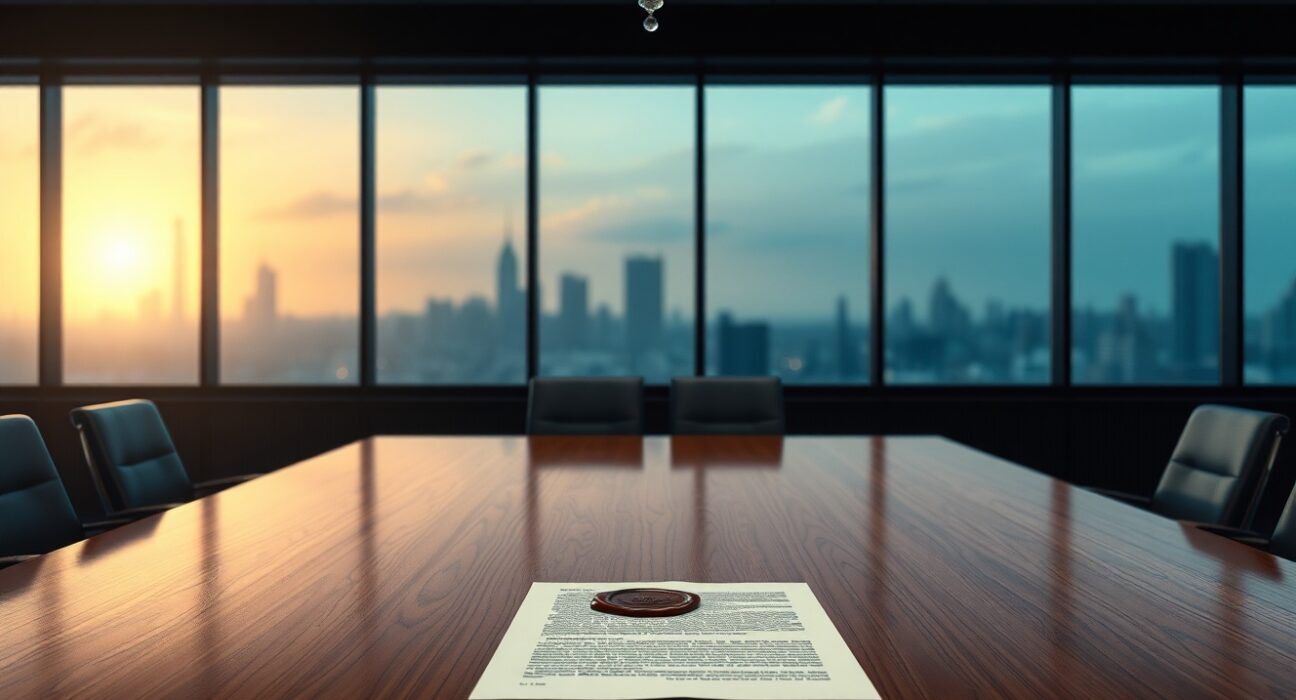 Empty diplomatic negotiation table with document and seal in dimly lit room