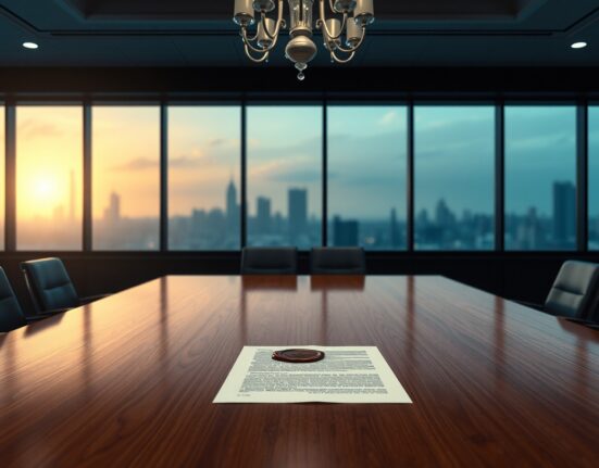 Empty diplomatic negotiation table with document and seal in dimly lit room