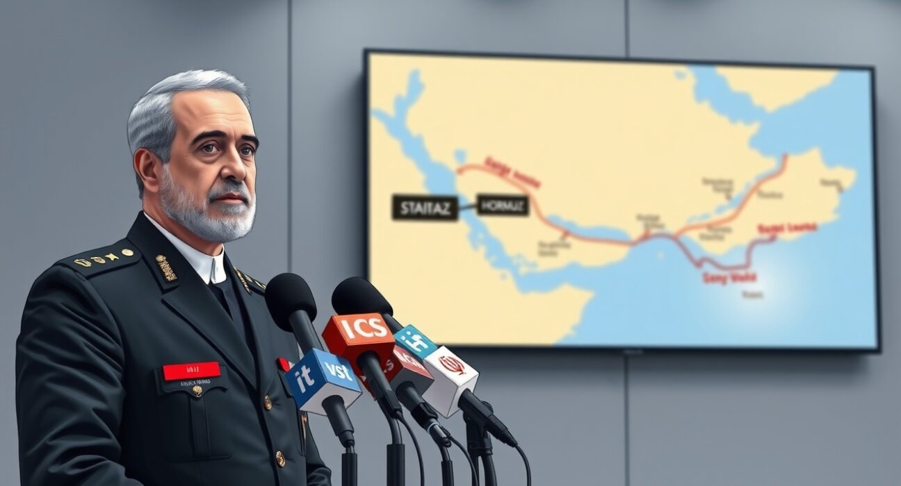 Iranian official warns of strategic response to US naval blockade during press conference.