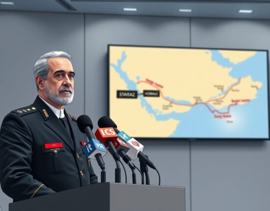 Iranian official warns of strategic response to US naval blockade during press conference.