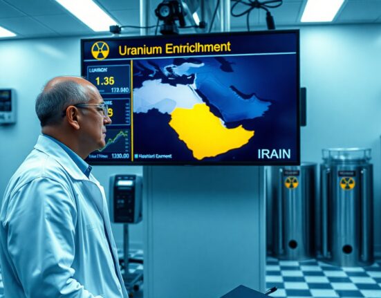 Scientist monitoring uranium enrichment data in a nuclear facility control room with a map of Iran on screen.