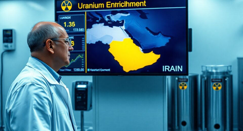 Scientist monitoring uranium enrichment data in a nuclear facility control room with a map of Iran on screen.