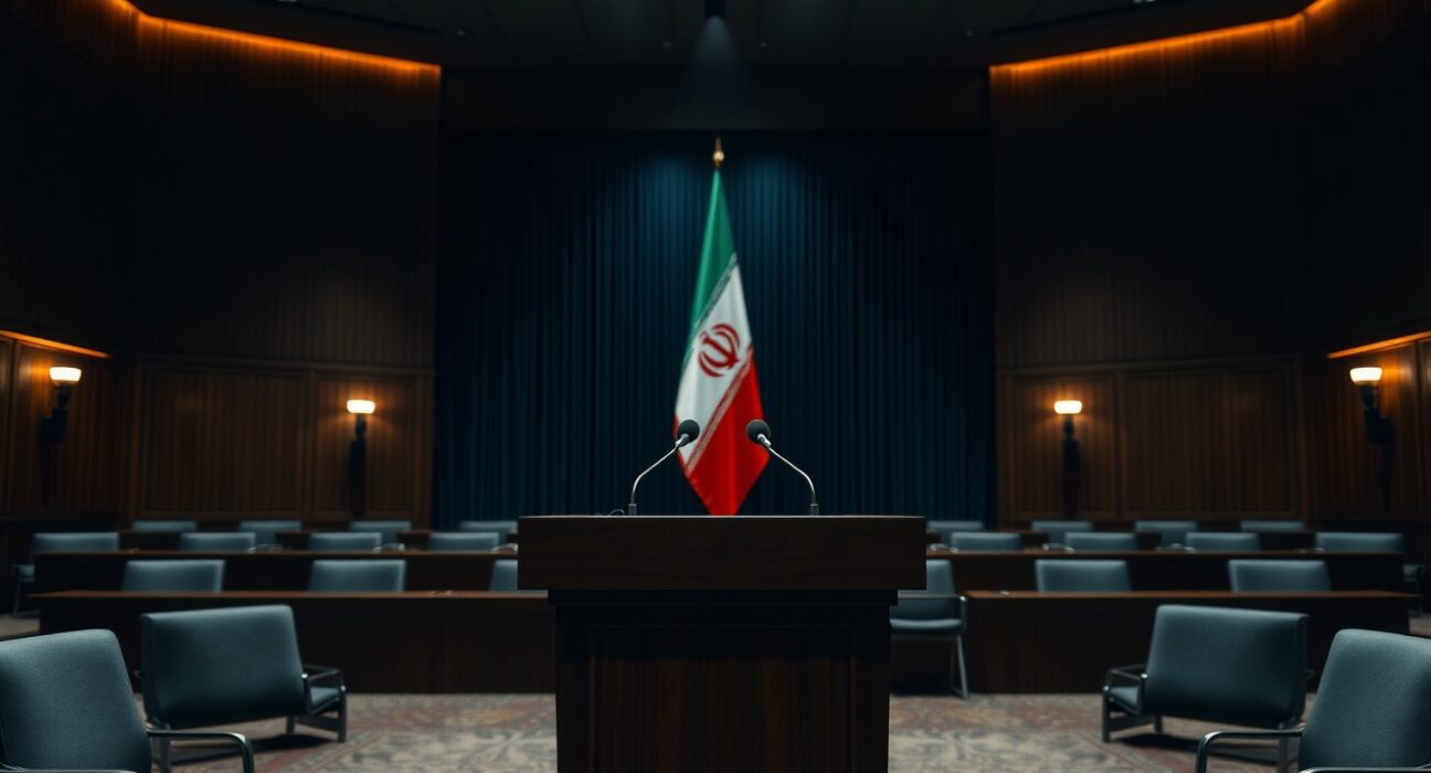 Empty podium with microphone in a dimly lit Iranian diplomatic room with an Iranian flag in the background.