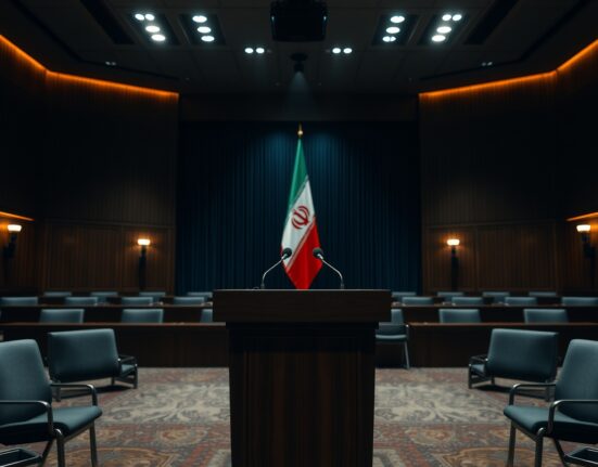 Empty podium with microphone in a dimly lit Iranian diplomatic room with an Iranian flag in the background.
