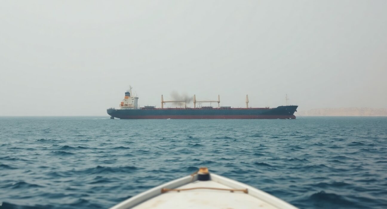 Damaged Iranian cargo vessel in the Gulf of Oman with smoke rising from the hull after reported US strike.