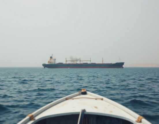 Damaged Iranian cargo vessel in the Gulf of Oman with smoke rising from the hull after reported US strike.