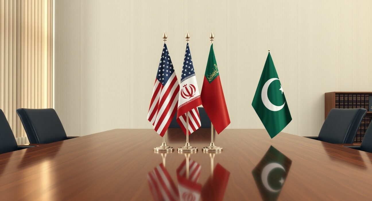 Diplomatic scene with Iranian, US, and Pakistani flags representing the ceasefire proposal channel.