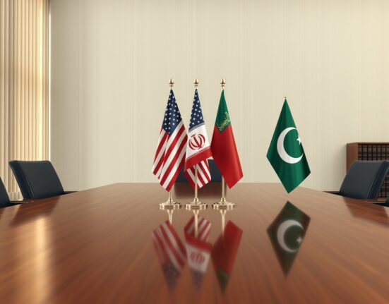 Diplomatic scene with Iranian, US, and Pakistani flags representing the ceasefire proposal channel.