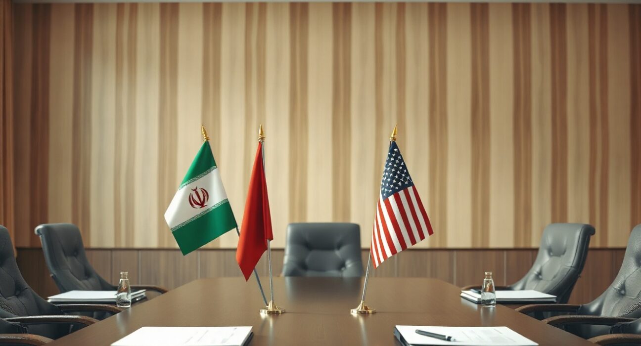 Iranian and US flags on a table in a diplomatic meeting room, symbolizing stalled ceasefire negotiations.
