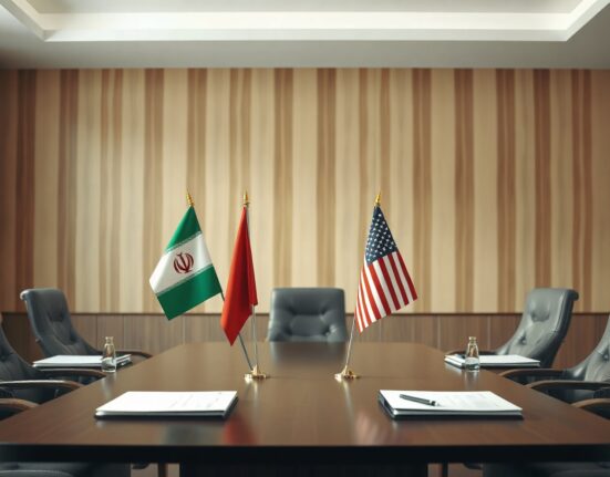 Iranian and US flags on a table in a diplomatic meeting room, symbolizing stalled ceasefire negotiations.