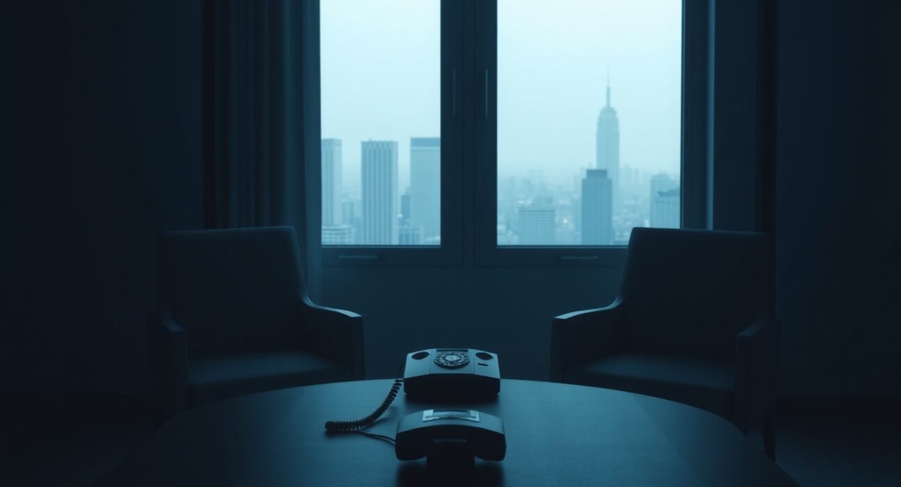 Empty chairs and a disconnected phone in a dimly lit room, symbolizing stalled Iran-US diplomatic talks.