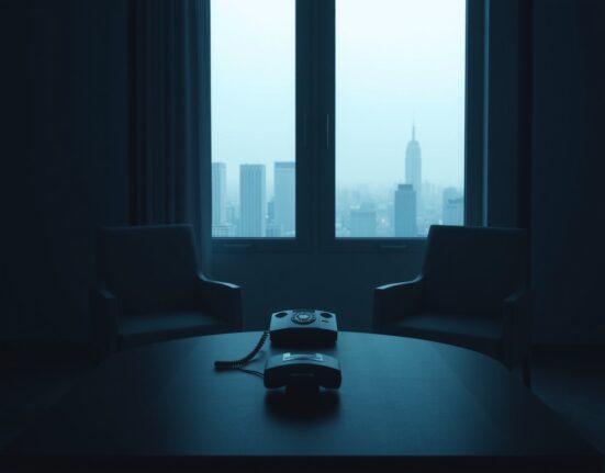 Empty chairs and a disconnected phone in a dimly lit room, symbolizing stalled Iran-US diplomatic talks.