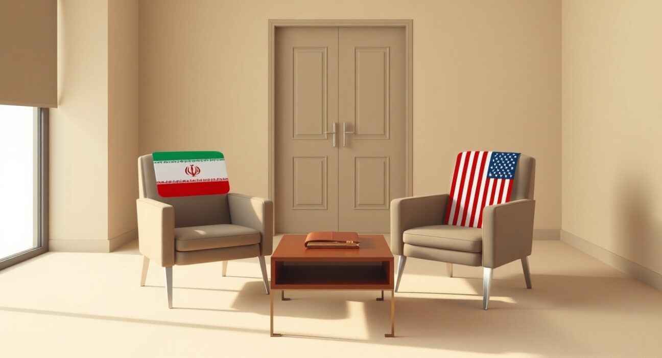 Empty diplomatic chairs symbolizing the severed Iran US relations and closed communication channels.