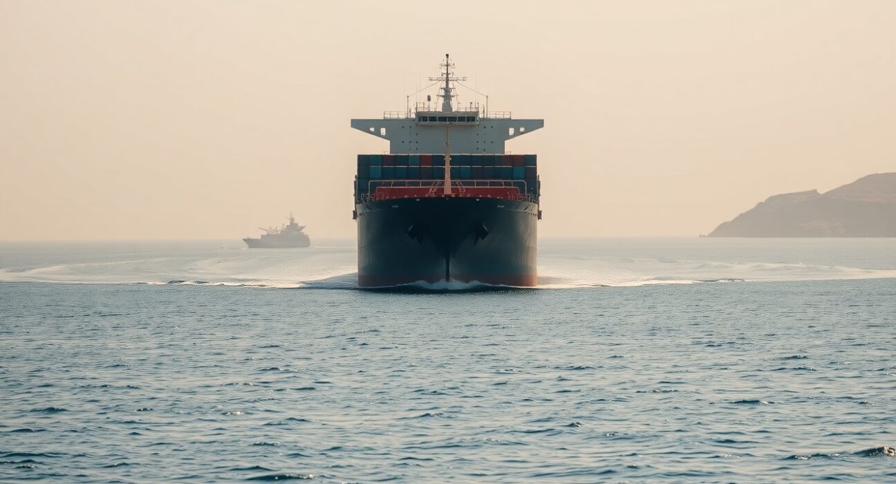 Cargo ship navigating Strait of Hormuz amid Iran-US distrust over port blockade and negotiations.