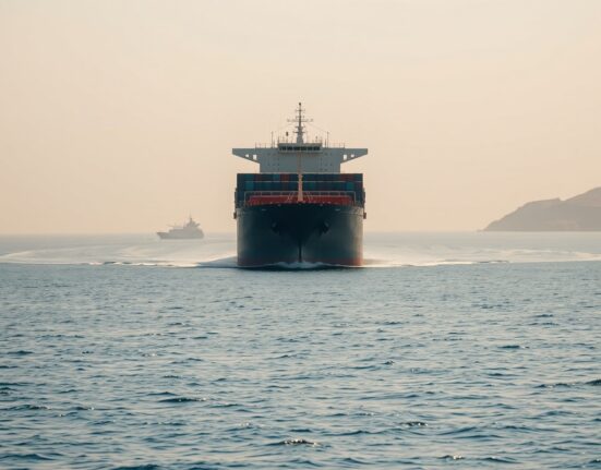 Cargo ship navigating Strait of Hormuz amid Iran-US distrust over port blockade and negotiations.