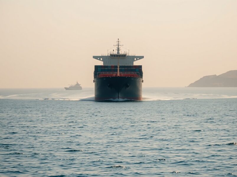 Cargo ship navigating Strait of Hormuz amid Iran-US distrust over port blockade and negotiations.