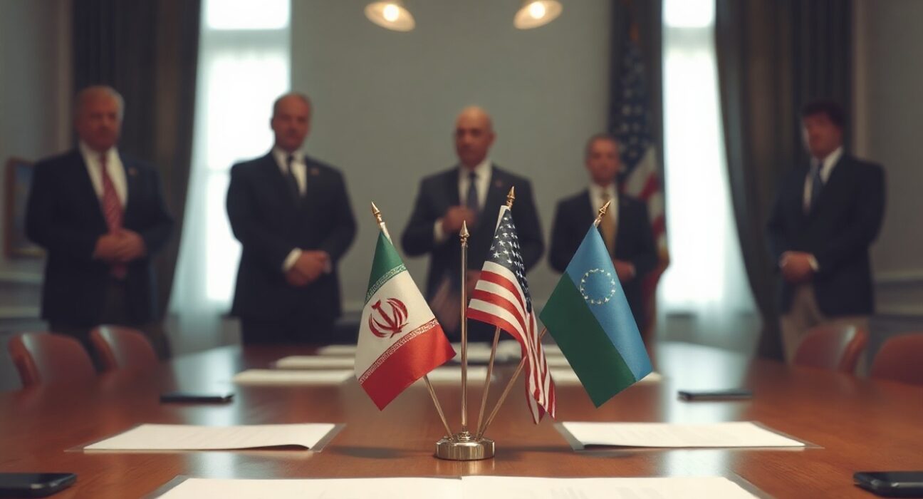 Iranian and US flags on a table in a diplomatic meeting room, symbolizing stalled nuclear negotiations.