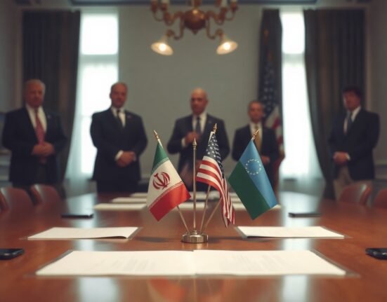 Iranian and US flags on a table in a diplomatic meeting room, symbolizing stalled nuclear negotiations.