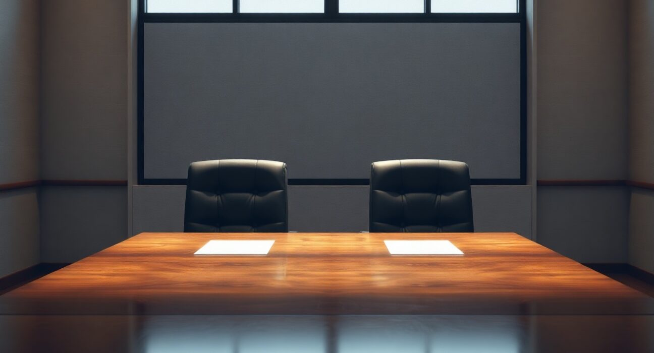 Empty diplomatic chairs at a conference table, symbolizing Iran-US MOU negotiations in final stages.