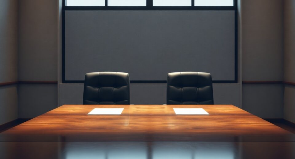Empty diplomatic chairs at a conference table, symbolizing Iran-US MOU negotiations in final stages.