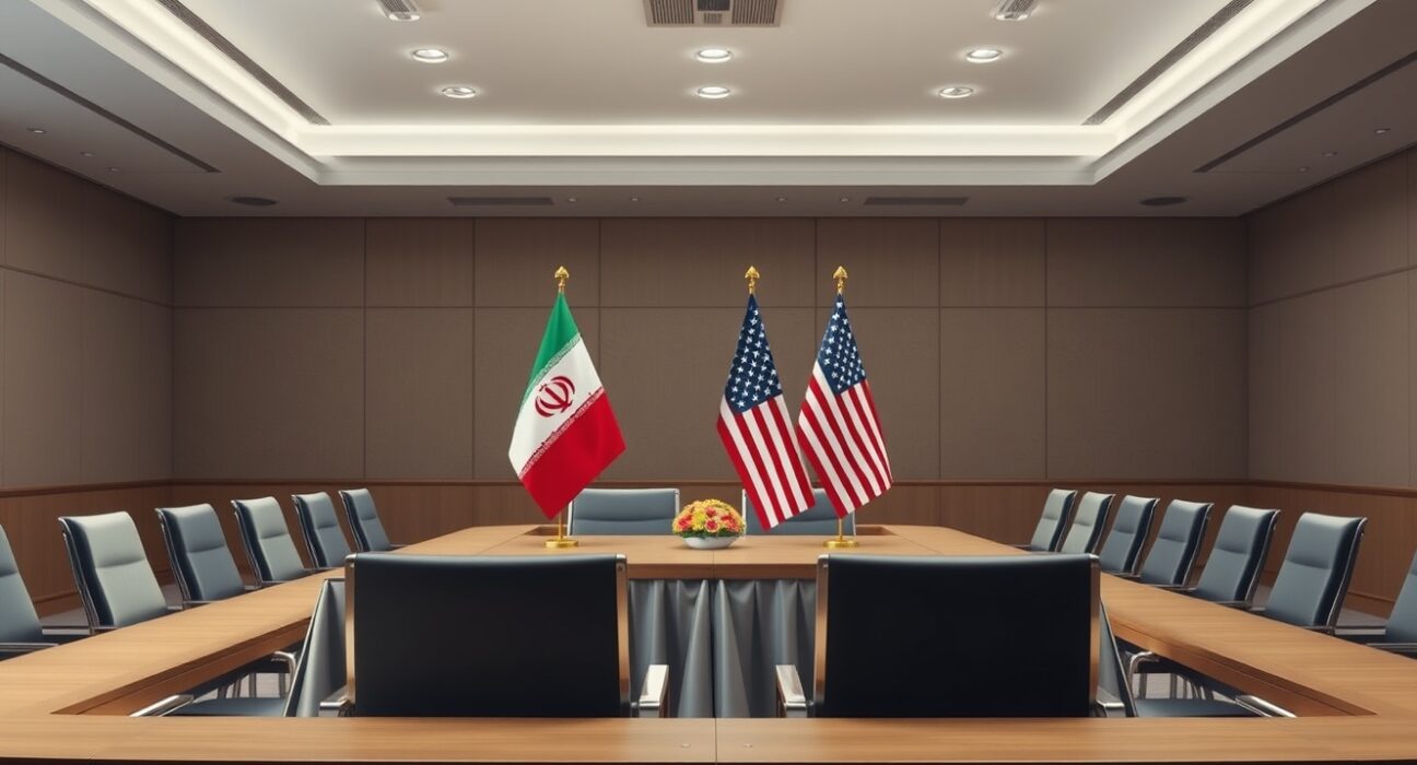 Iranian and US flags on a table in a diplomatic conference room, representing the planned MOU signing.