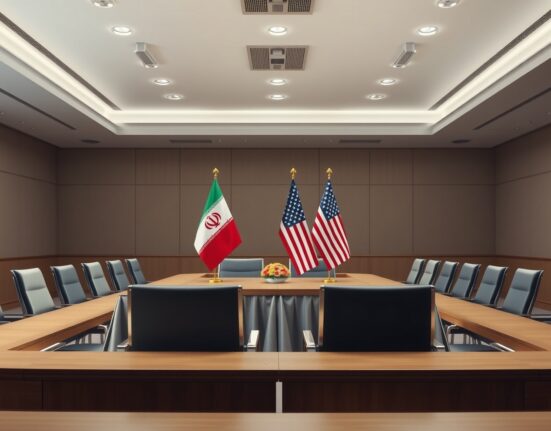 Iranian and US flags on a table in a diplomatic conference room, representing the planned MOU signing.