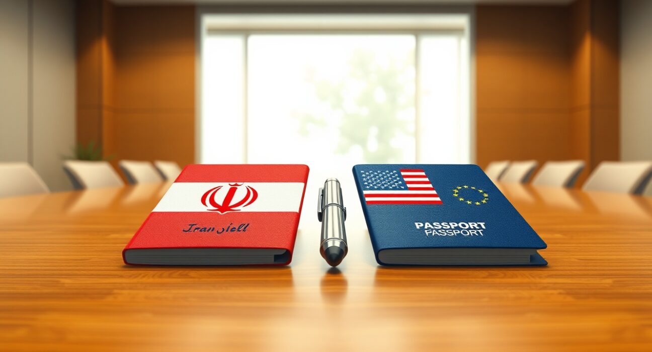 Iran and US diplomatic passports on a negotiation table, symbolizing the draft peace deal MOU.