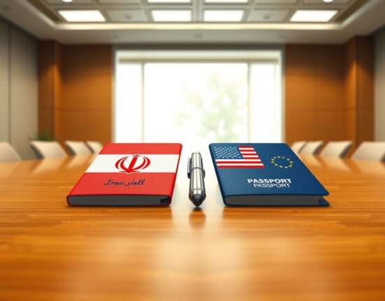 Iran and US diplomatic passports on a negotiation table, symbolizing the draft peace deal MOU.
