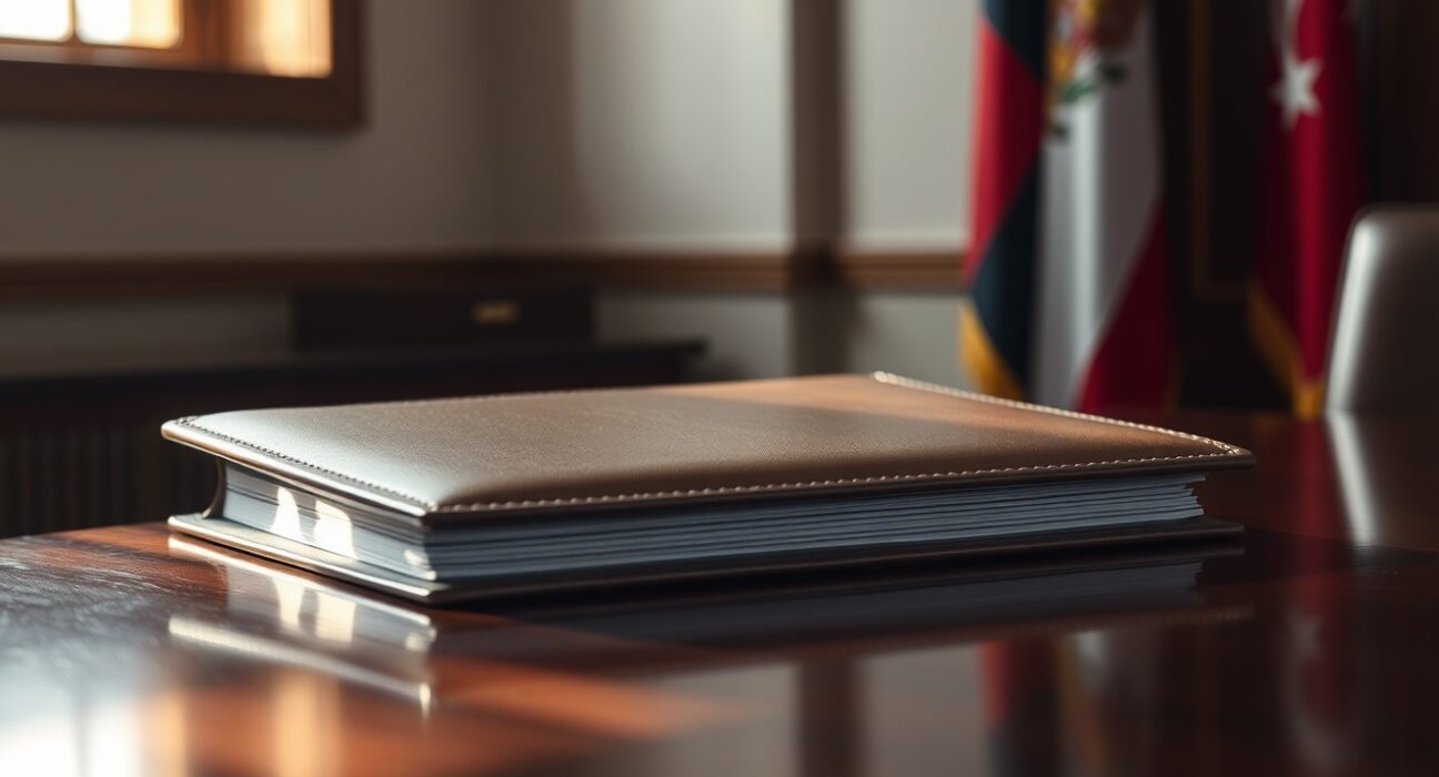 Closed diplomatic document folder on a table in a government office, symbolizing the unfinished Iran-U.S. MOU.